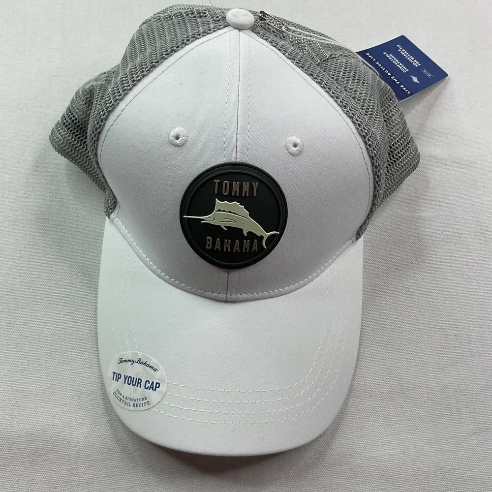 Tommy Bahama Hat Cap Mens Marlin Logo Trucker White Grey Snapback Cap NWT